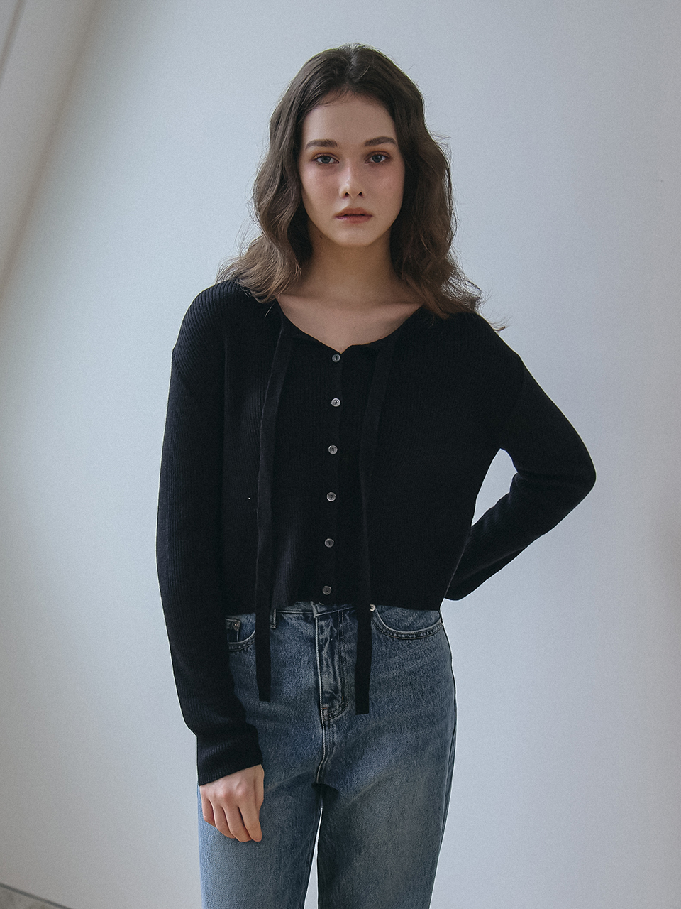 RIBBON TIE KNIT CARDIGAN_BLACK