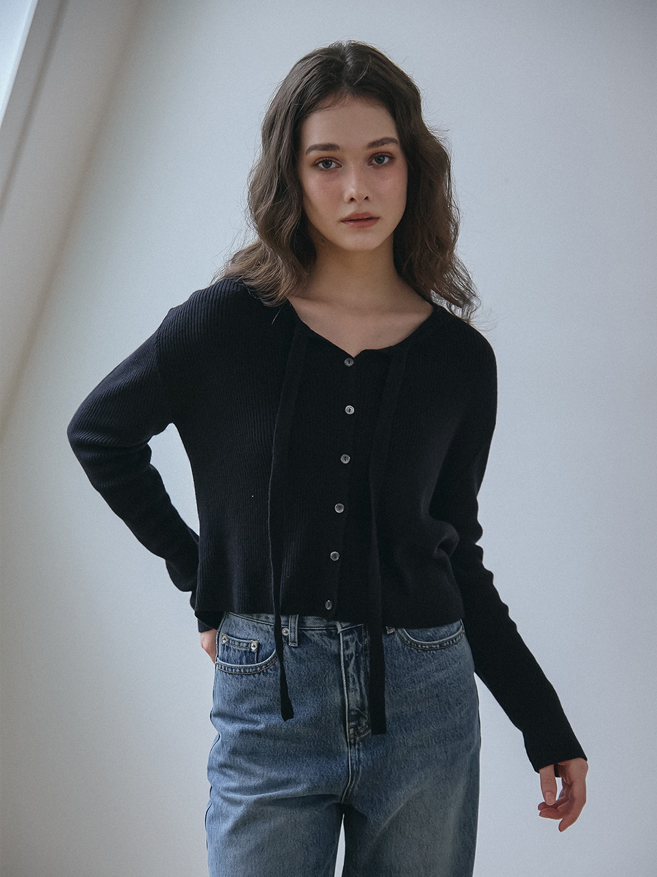 RIBBON TIE KNIT CARDIGAN_BLACK