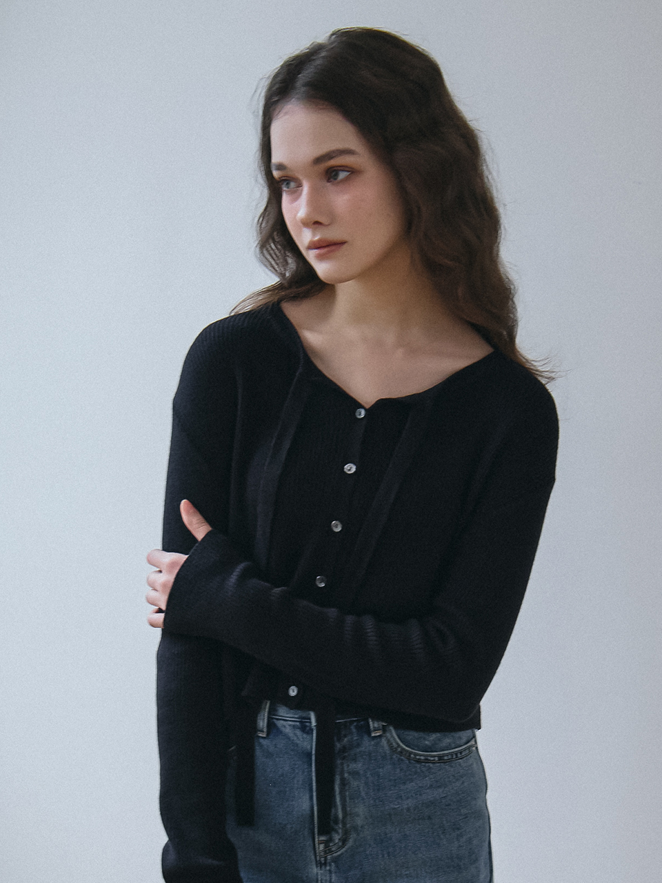 RIBBON TIE KNIT CARDIGAN_BLACK
