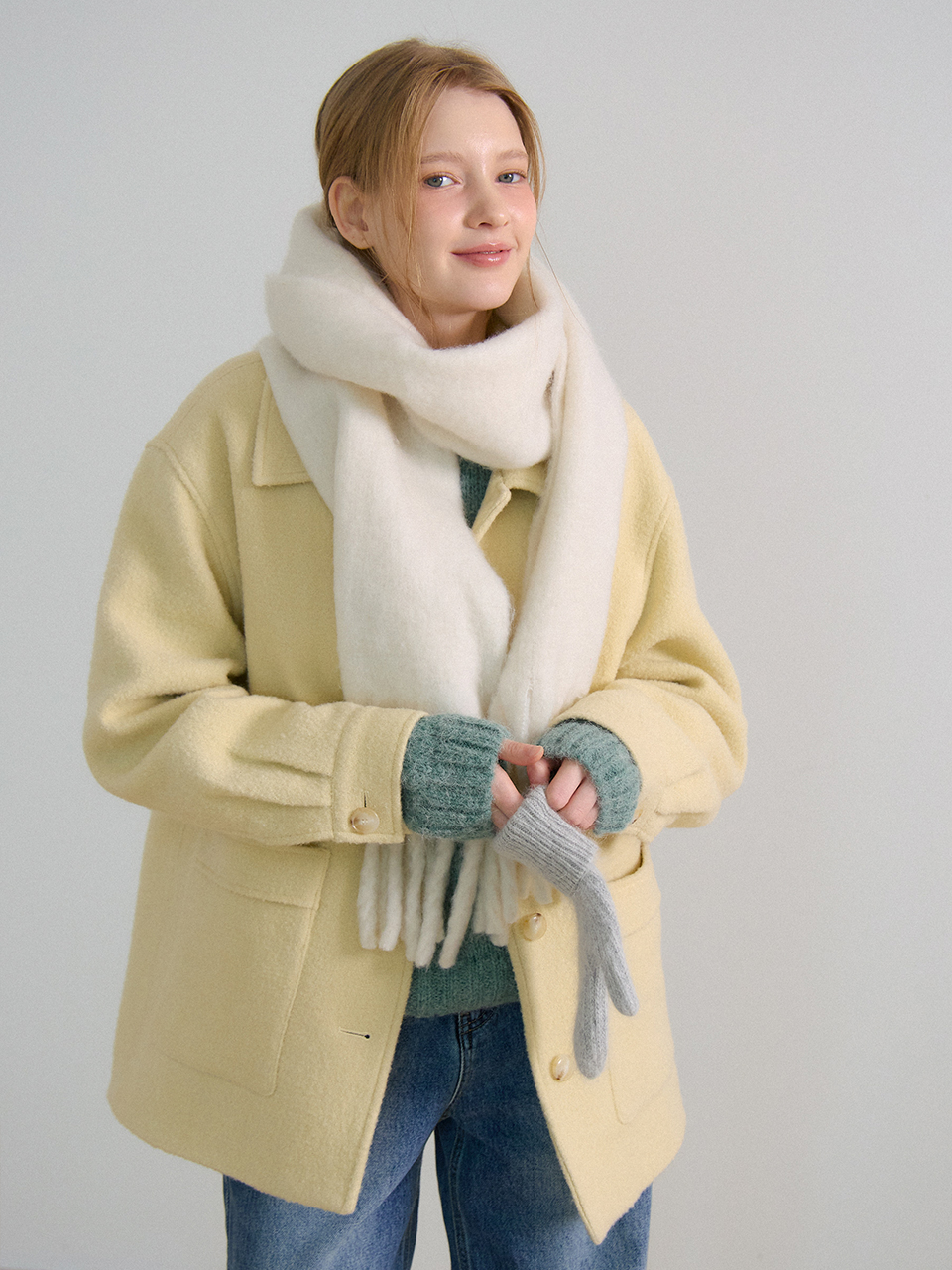 WOOL BOUCLE HALF COAT_BUTTER