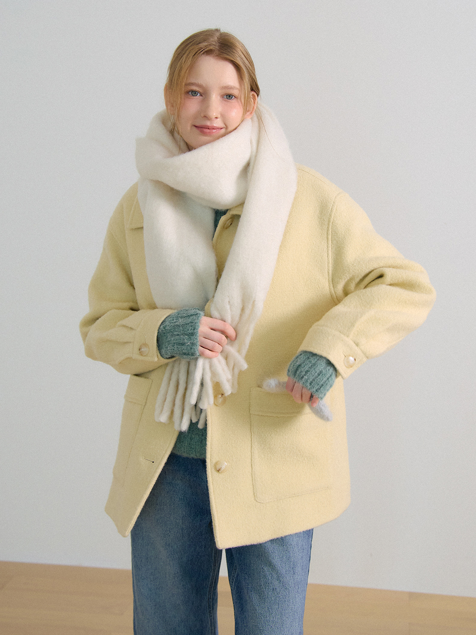 WOOL BOUCLE HALF COAT_BUTTER