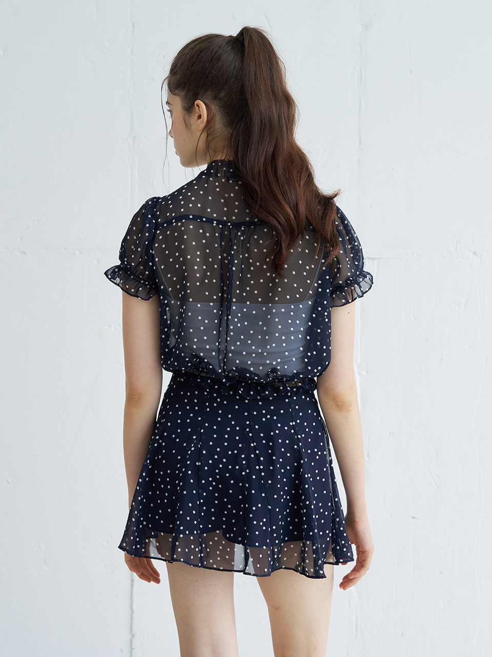 POLKA DOT FLARE MINI SKIRT_NAVY