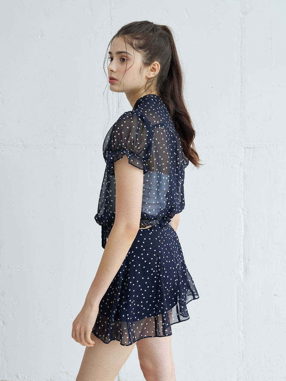 POLKA DOT FLARE MINI SKIRT_NAVY