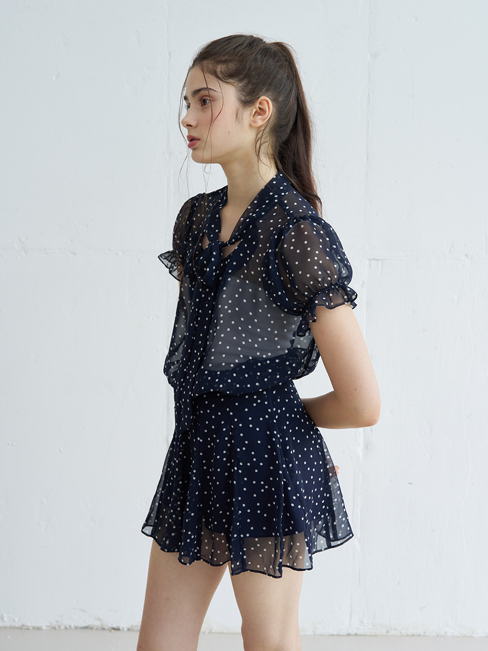 POLKA DOT FLARE MINI SKIRT_NAVY