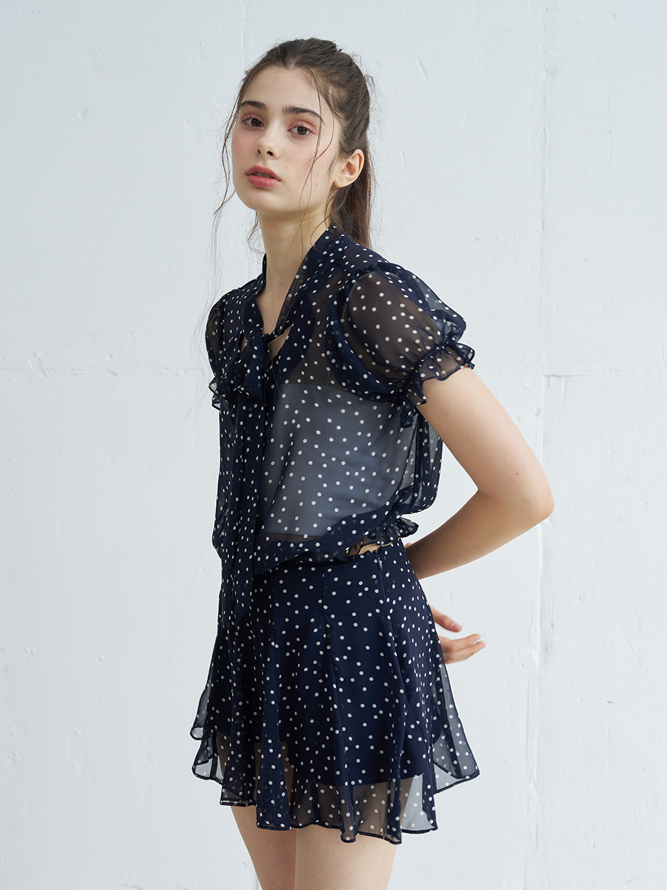POLKA DOT FLARE MINI SKIRT_NAVY