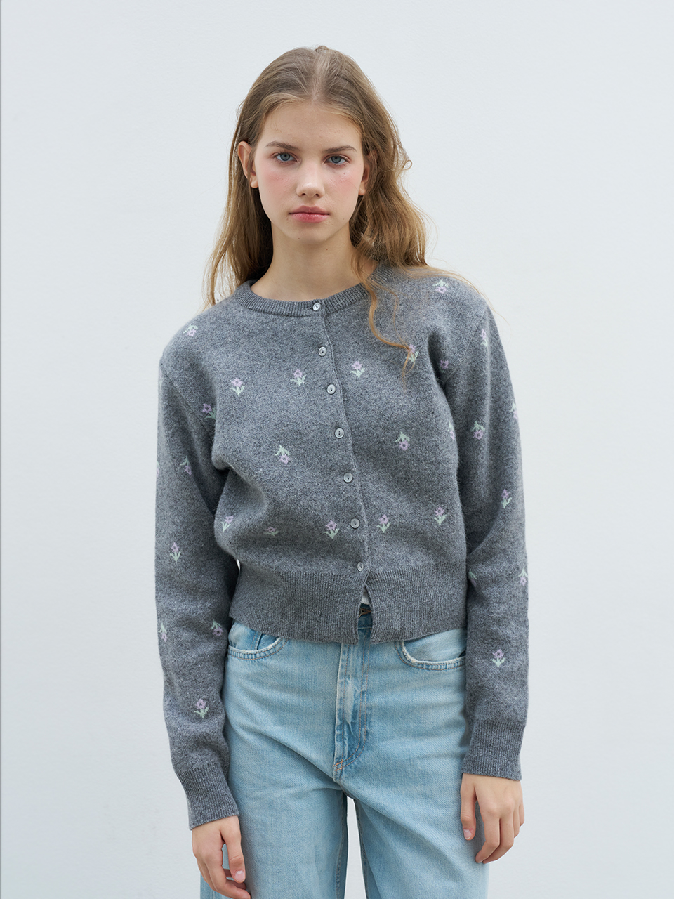 FLOWER EMBROIDERY KNIT CARDIGAN_GREY