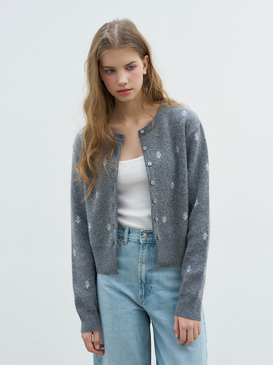 FLOWER EMBROIDERY KNIT CARDIGAN_GREY