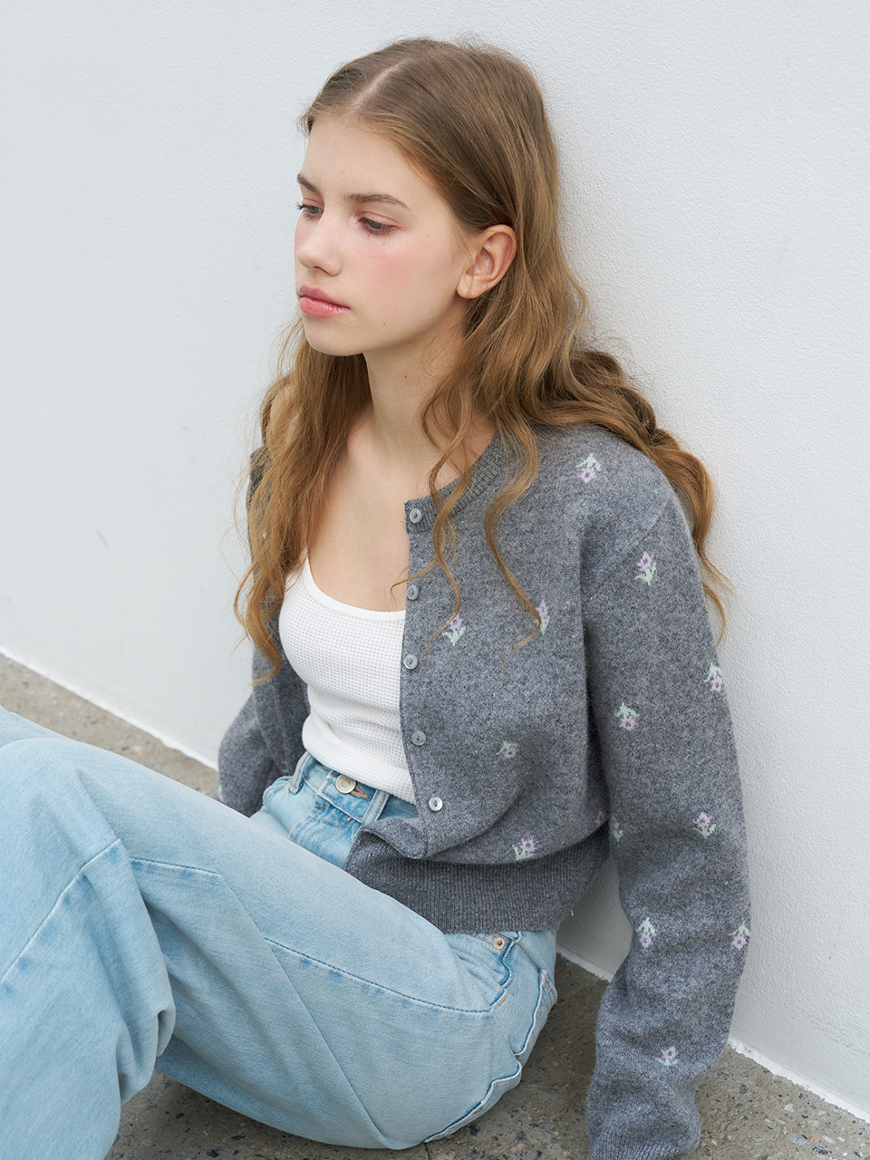 FLOWER EMBROIDERY KNIT CARDIGAN_GREY