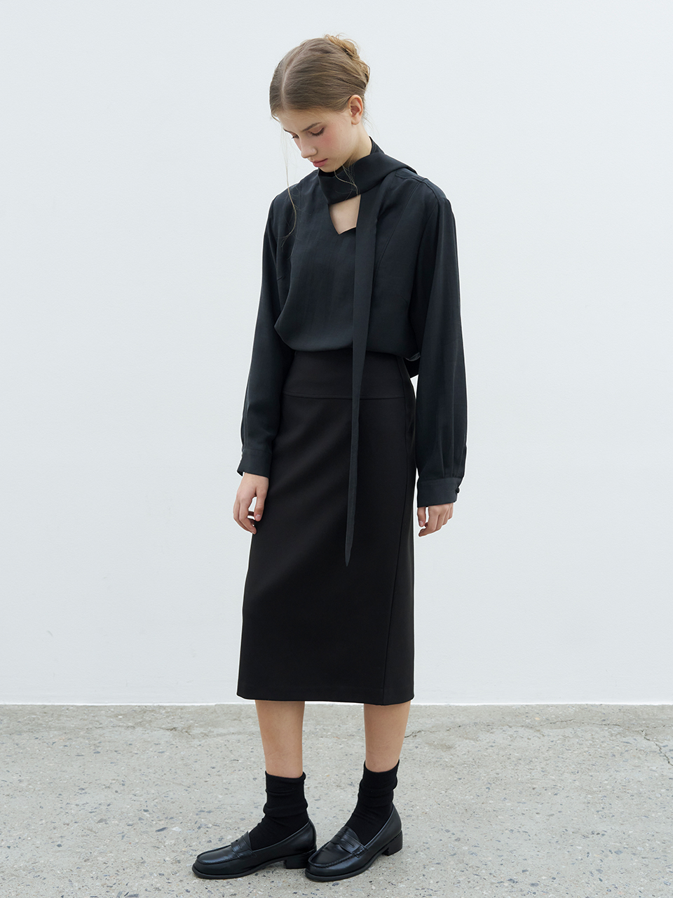 LONG SLEEVE TIE BLOUSE_CHARCOAL
