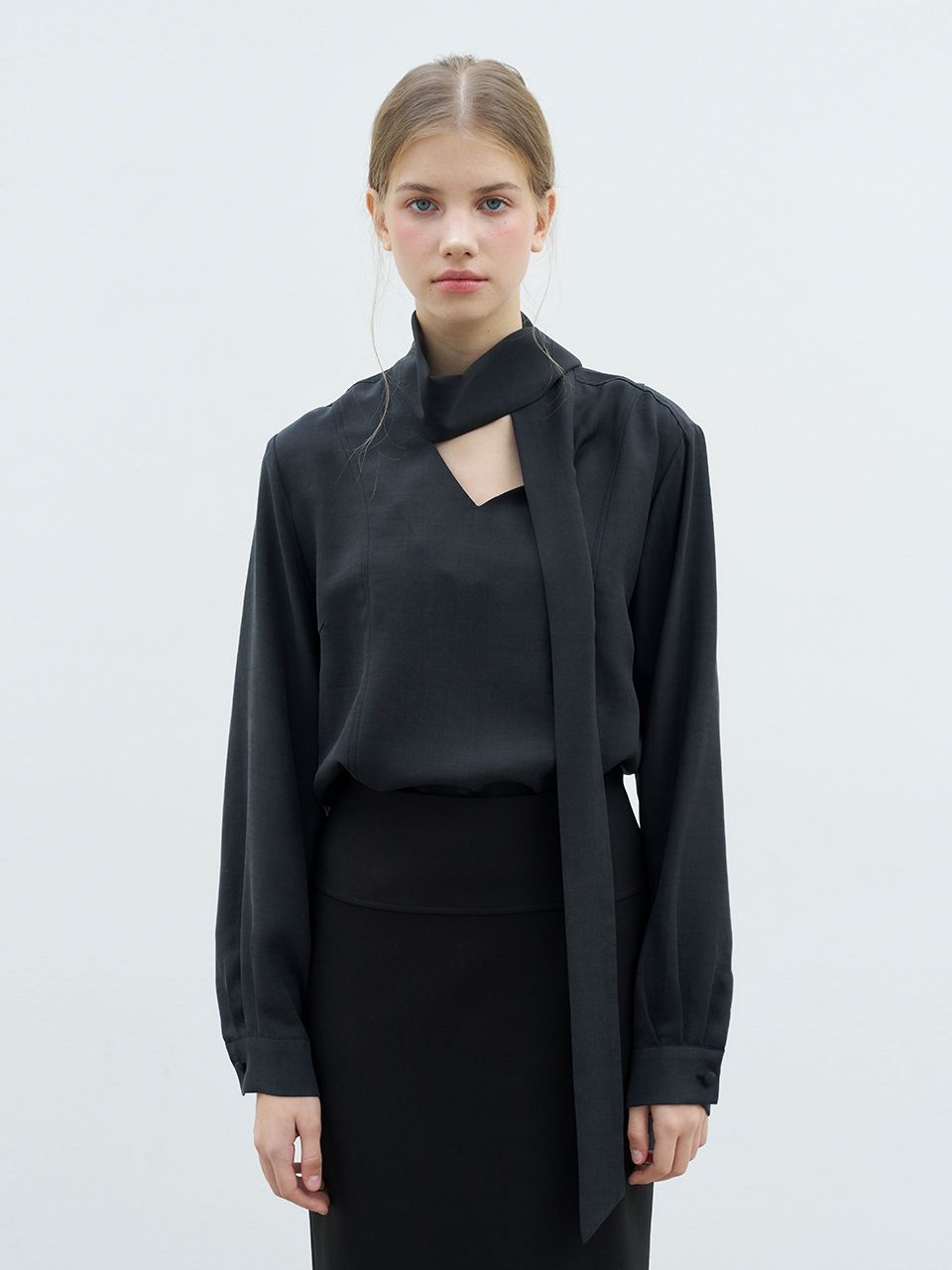 LONG SLEEVE TIE BLOUSE_CHARCOAL