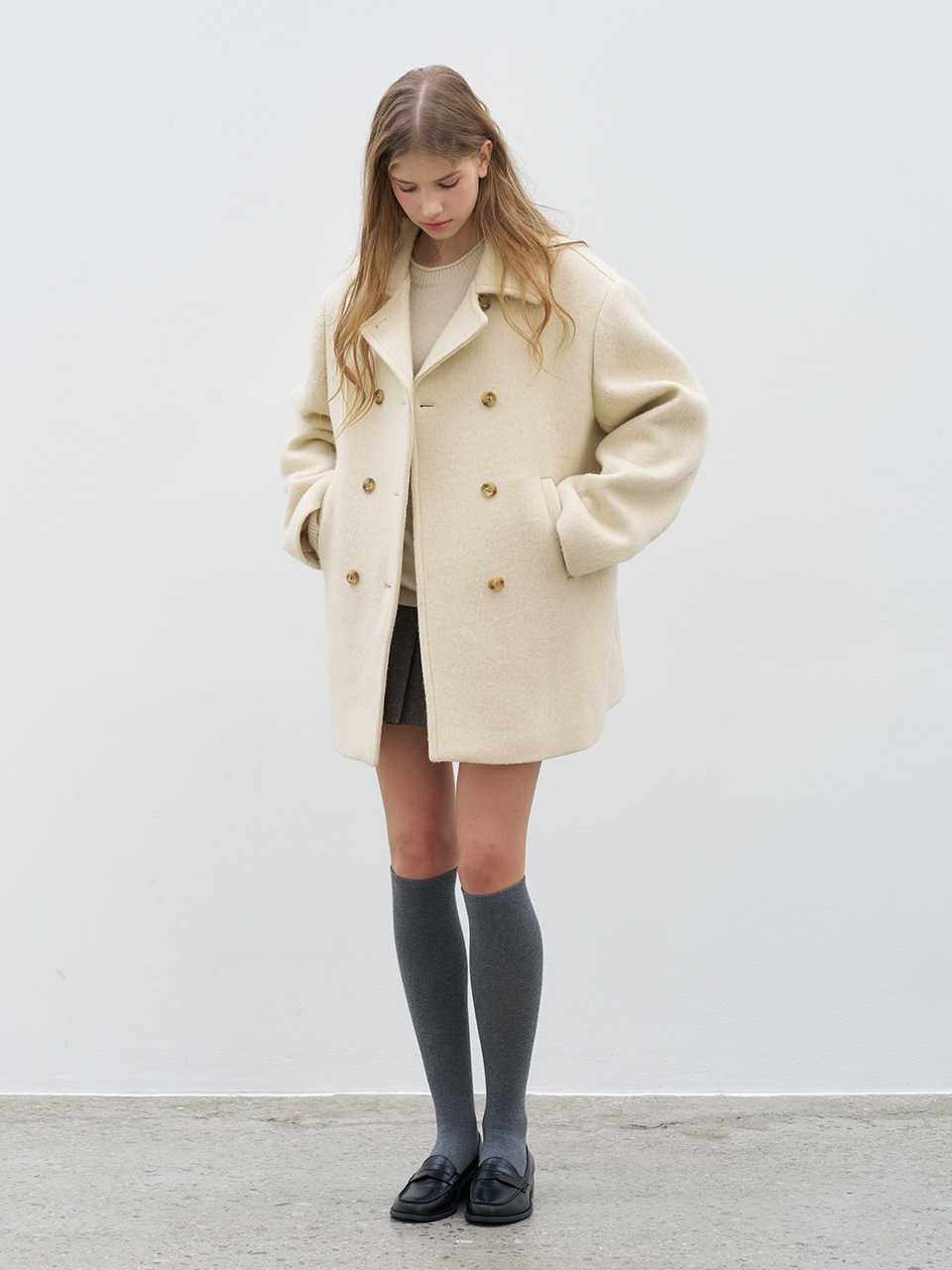 WOOL BLENDED DOUBLE BUTTON HALF COAT_CREAM