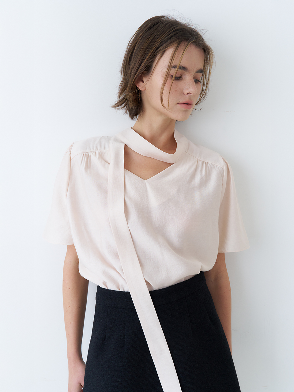 HALF SLEEVE TIE BLOUSE_PALE PINK