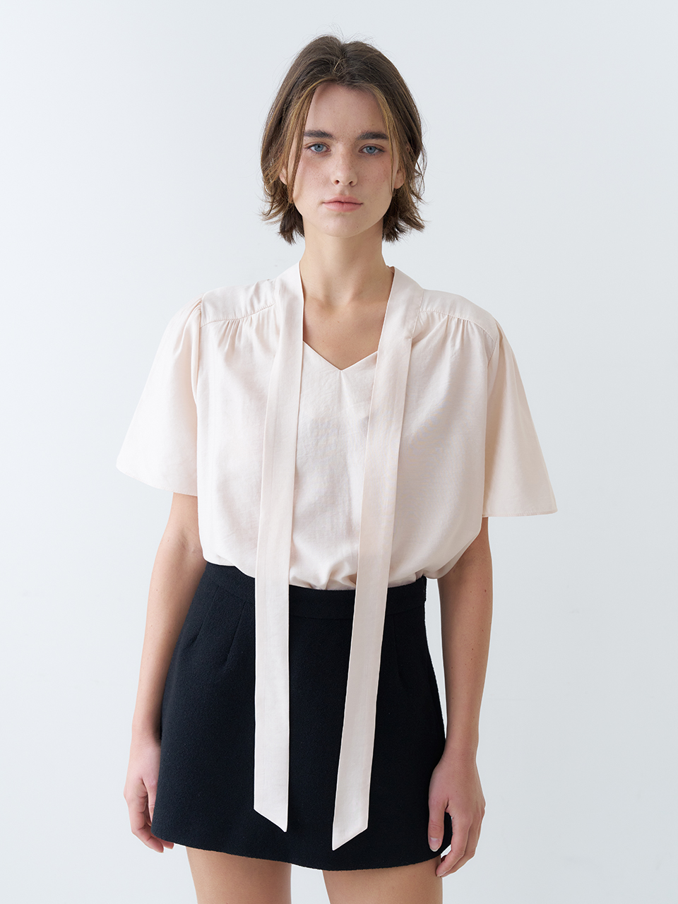 HALF SLEEVE TIE BLOUSE_PALE PINK