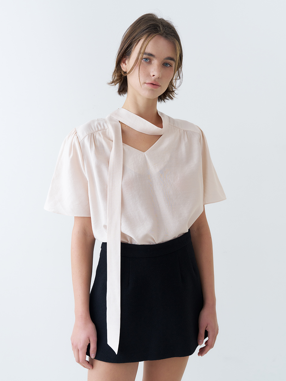 HALF SLEEVE TIE BLOUSE_PALE PINK
