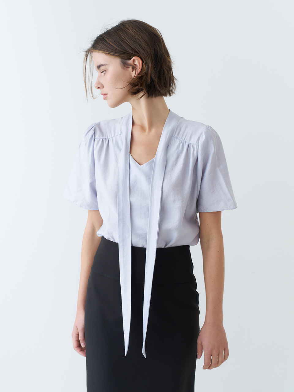 HALF SLEEVE TIE BLOUSE_SKY BLUE