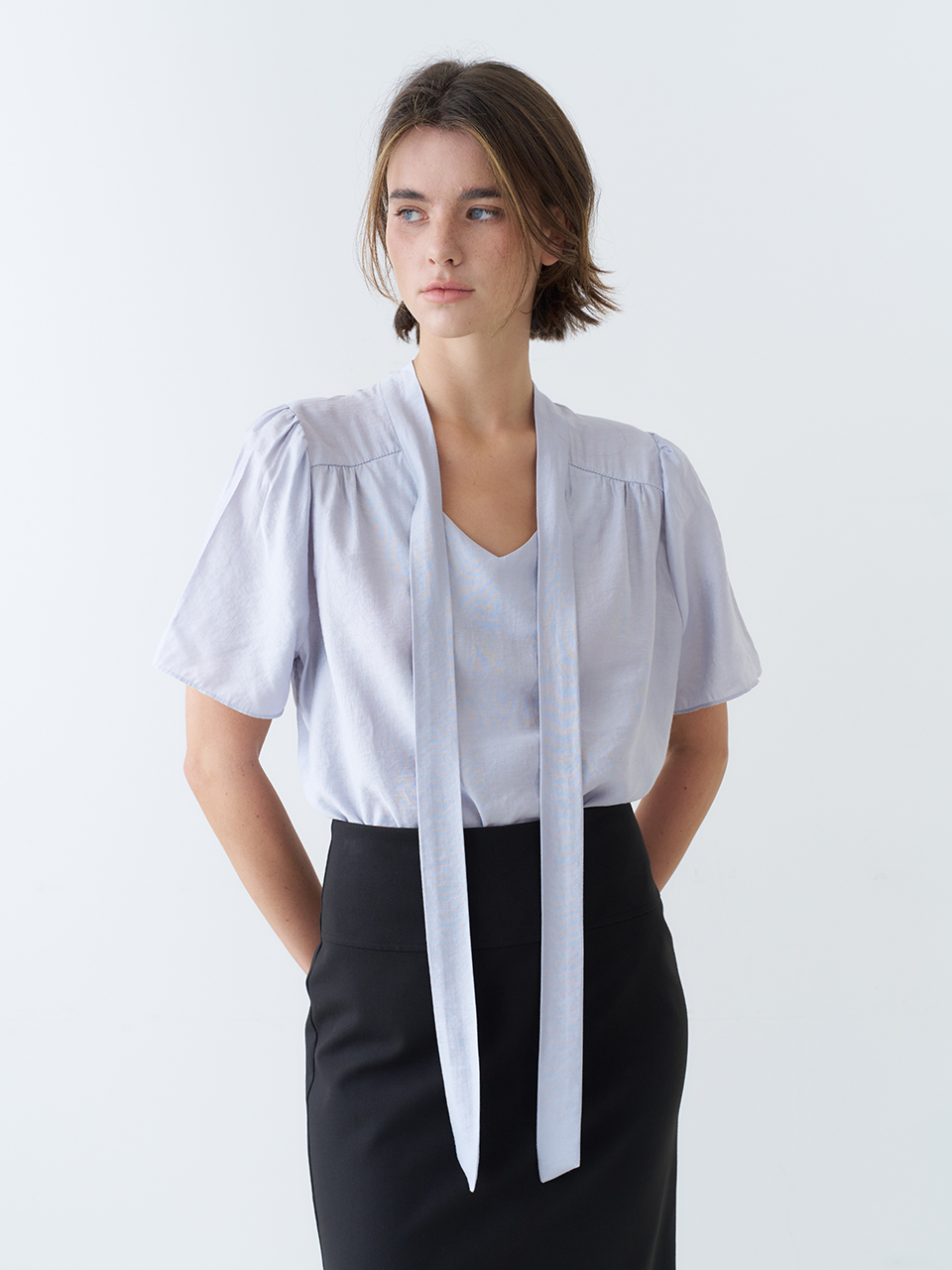HALF SLEEVE TIE BLOUSE_SKY BLUE