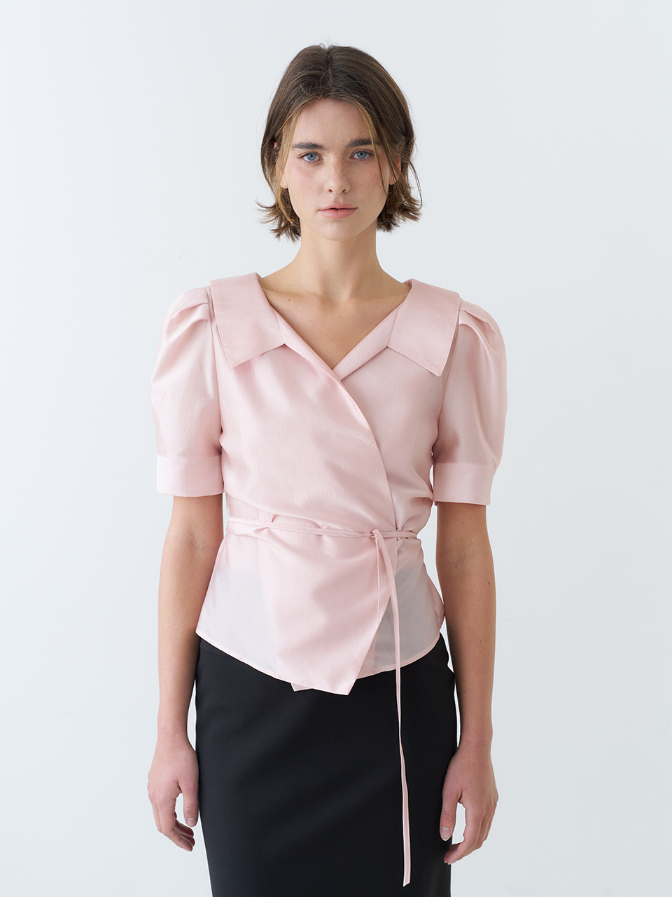 PUFF SLEEVE GLOSSY COLLAR WRAP BLOUSE_PINK