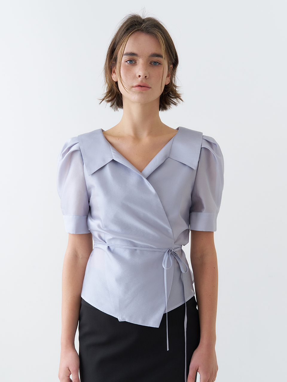 PUFF SLEEVE GLOSSY COLLAR WRAP BLOUSE_SKY BLUE