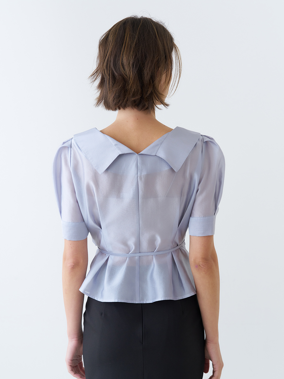PUFF SLEEVE GLOSSY COLLAR WRAP BLOUSE_SKY BLUE