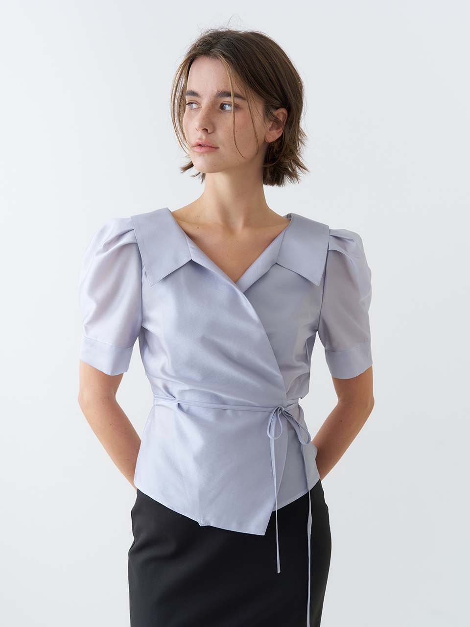 PUFF SLEEVE GLOSSY COLLAR WRAP BLOUSE_SKY BLUE