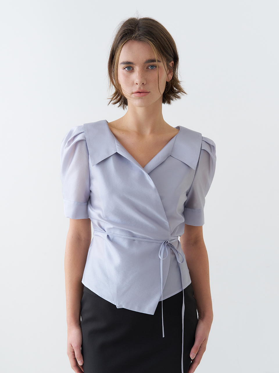 PUFF SLEEVE GLOSSY COLLAR WRAP BLOUSE_SKY BLUE