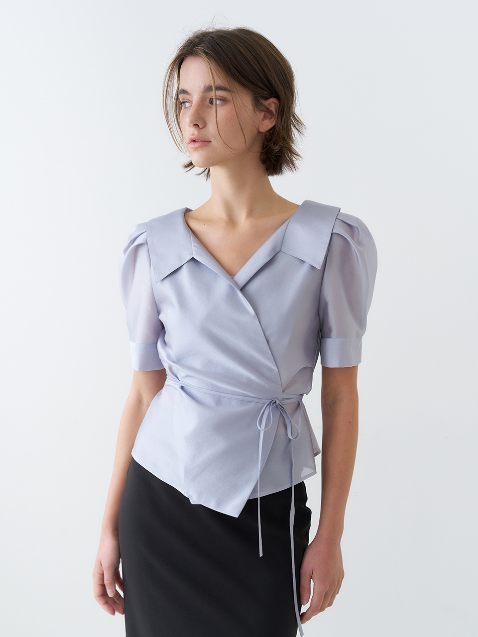 PUFF SLEEVE GLOSSY COLLAR WRAP BLOUSE_SKY BLUE