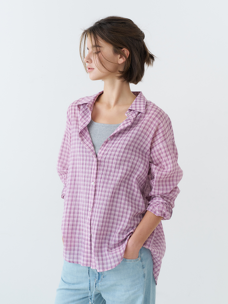 OVERFIT CHECK SHIRTS_PINK