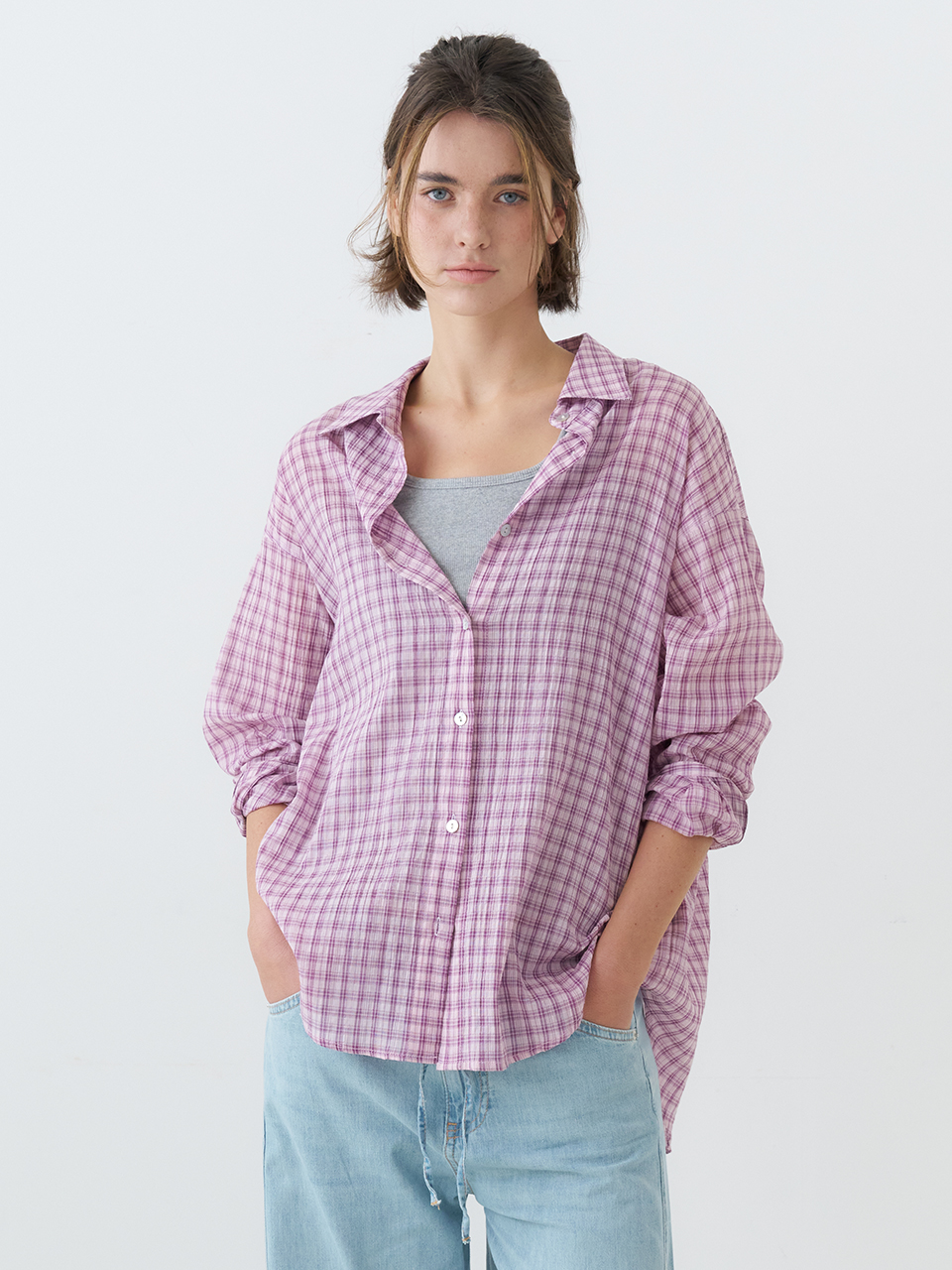 OVERFIT CHECK SHIRTS_PINK