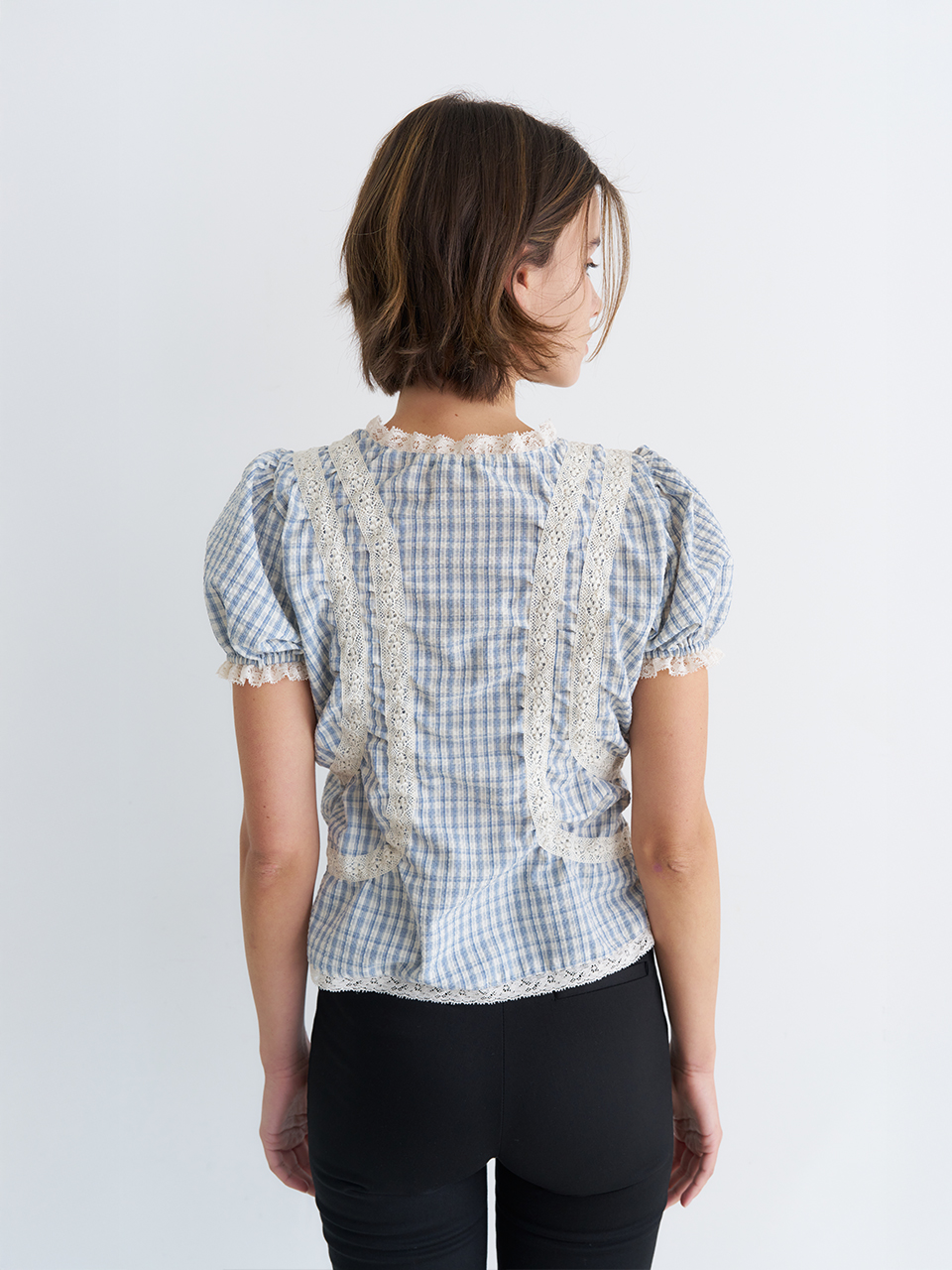 PUFF SLEEVE LACE POINT CHECK BLOUSE_BLUE