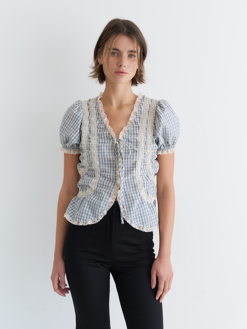 PUFF SLEEVE LACE POINT CHECK BLOUSE_BLUE