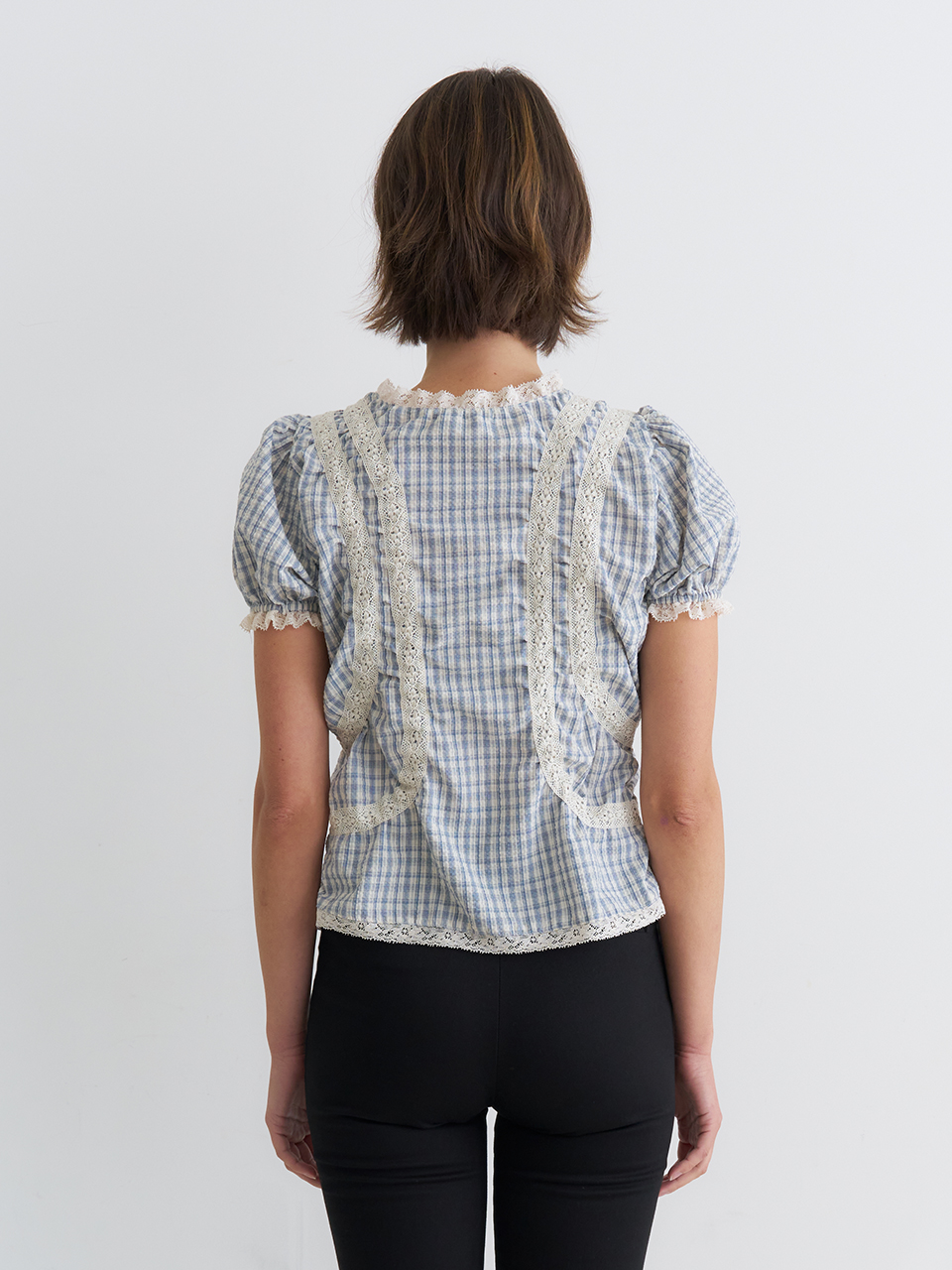 PUFF SLEEVE LACE POINT CHECK BLOUSE_BLUE