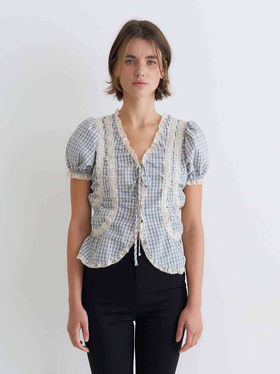 PUFF SLEEVE LACE POINT CHECK BLOUSE_BLUE