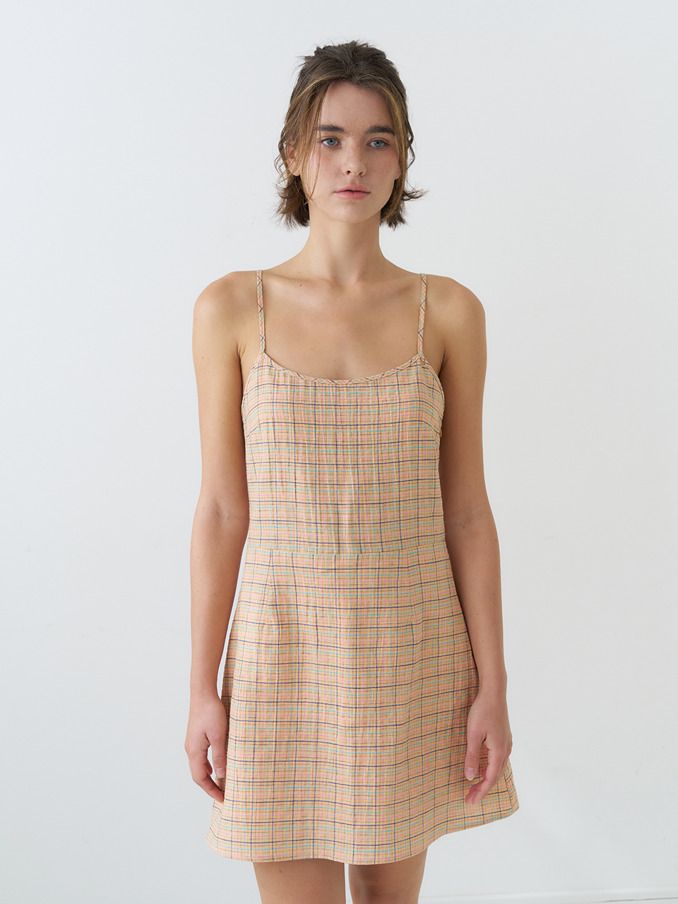 CHECK STRAP SLEEVELESS ONEPIECE_APRICOT