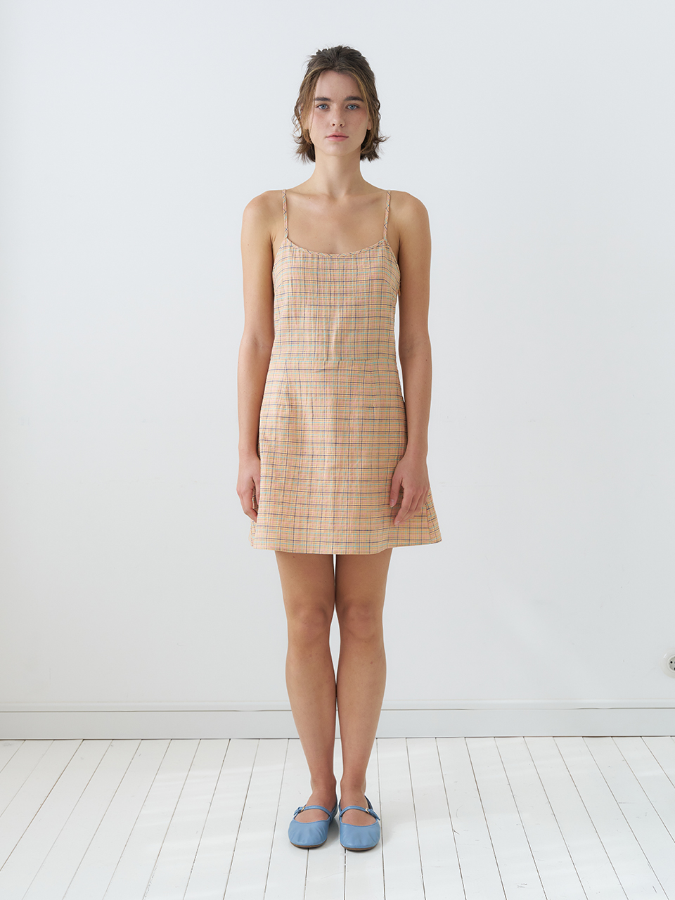 CHECK STRAP SLEEVELESS ONEPIECE_APRICOT
