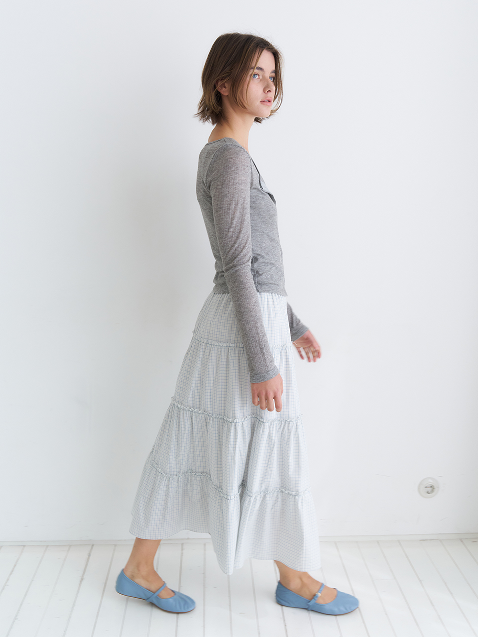 TIERED MAXI CHECK SKIRT_SKY BLUE