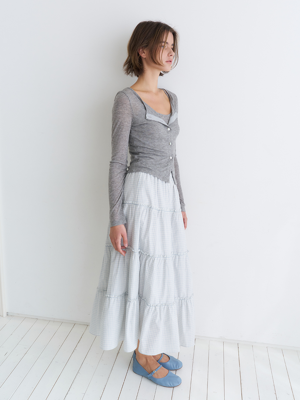 TIERED MAXI CHECK SKIRT_SKY BLUE