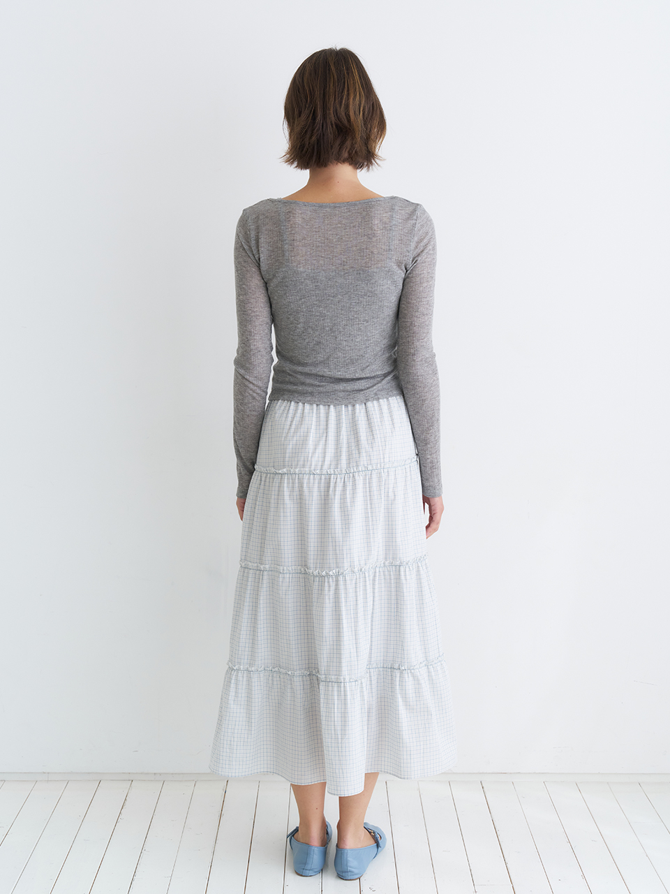 TIERED MAXI CHECK SKIRT_SKY BLUE