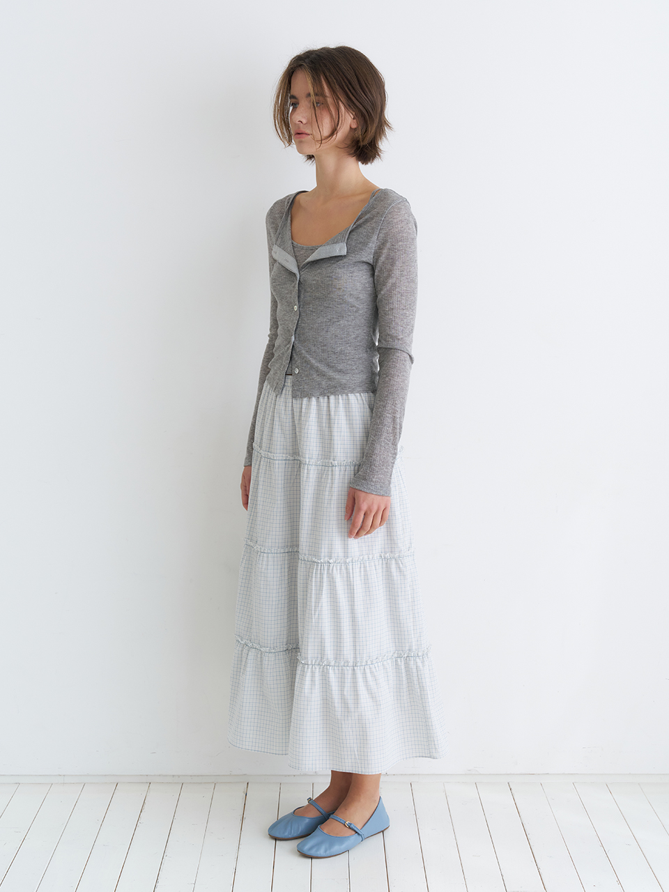 TIERED MAXI CHECK SKIRT_SKY BLUE