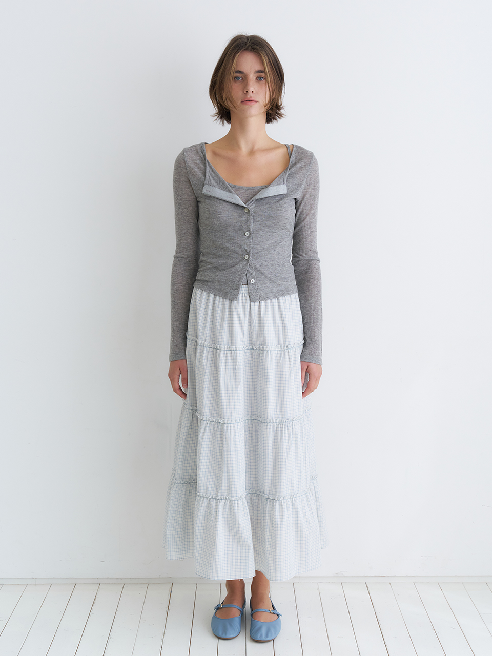 TIERED MAXI CHECK SKIRT_SKY BLUE