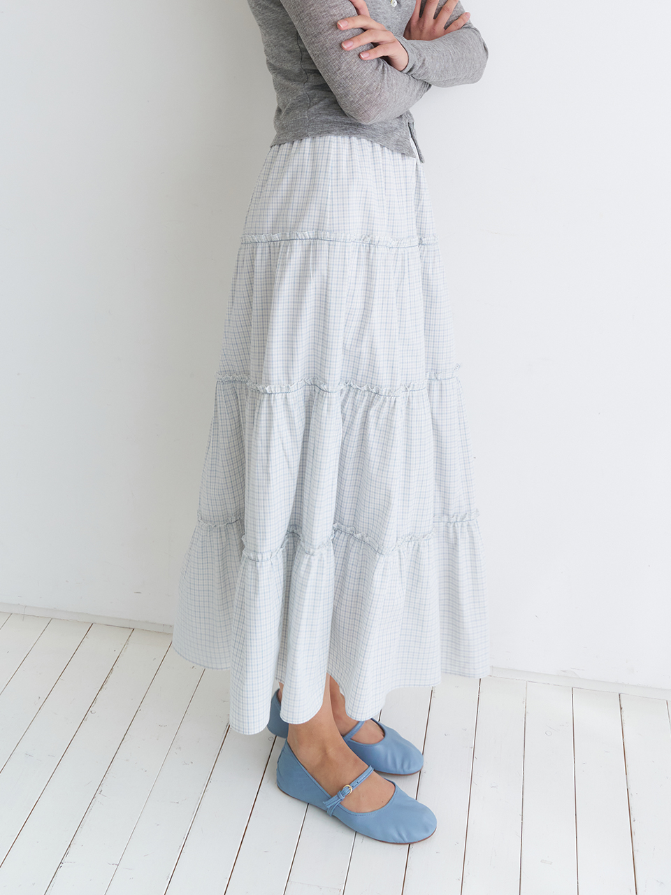 TIERED MAXI CHECK SKIRT_SKY BLUE