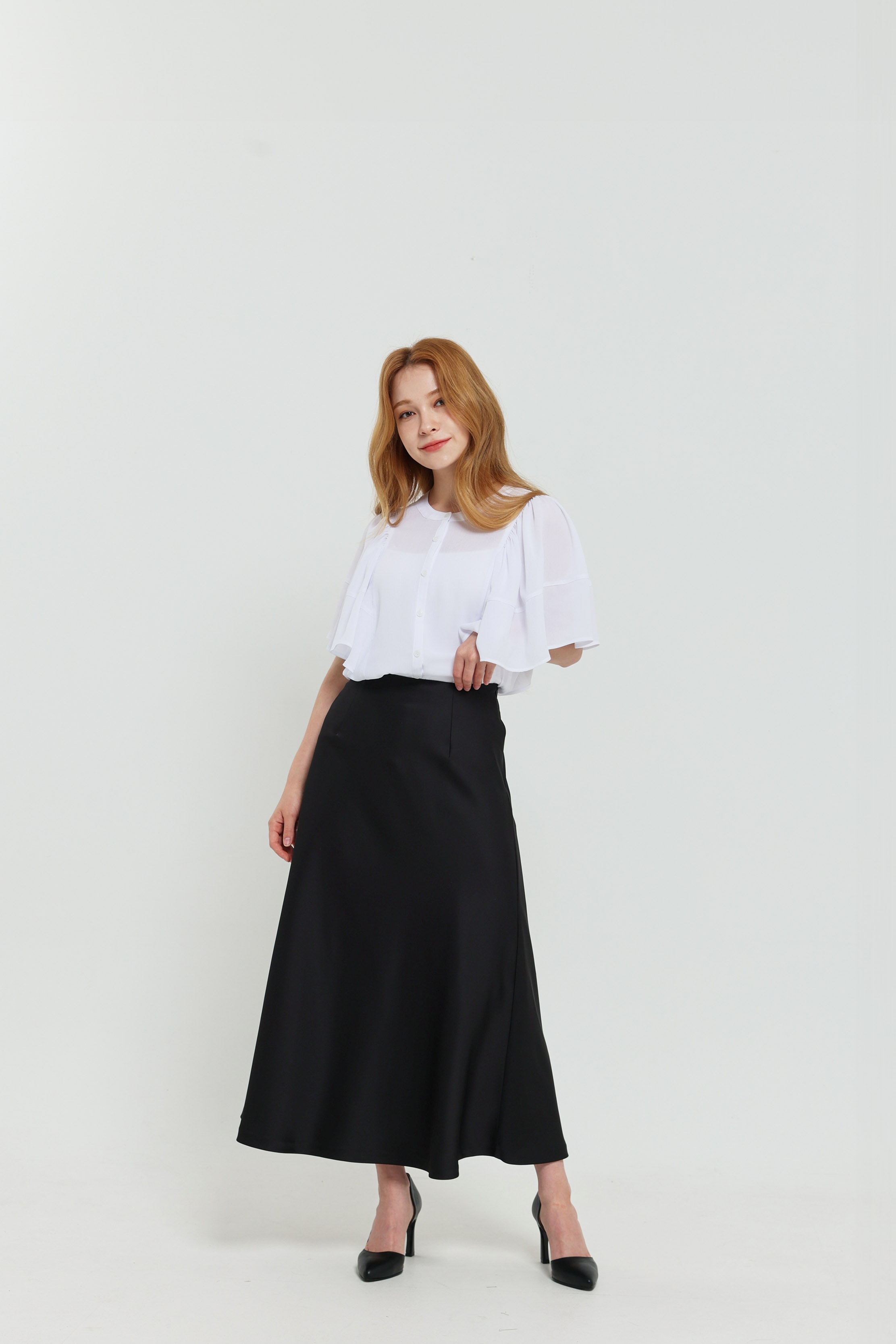 플레어 슬리브 오픈 블라우스