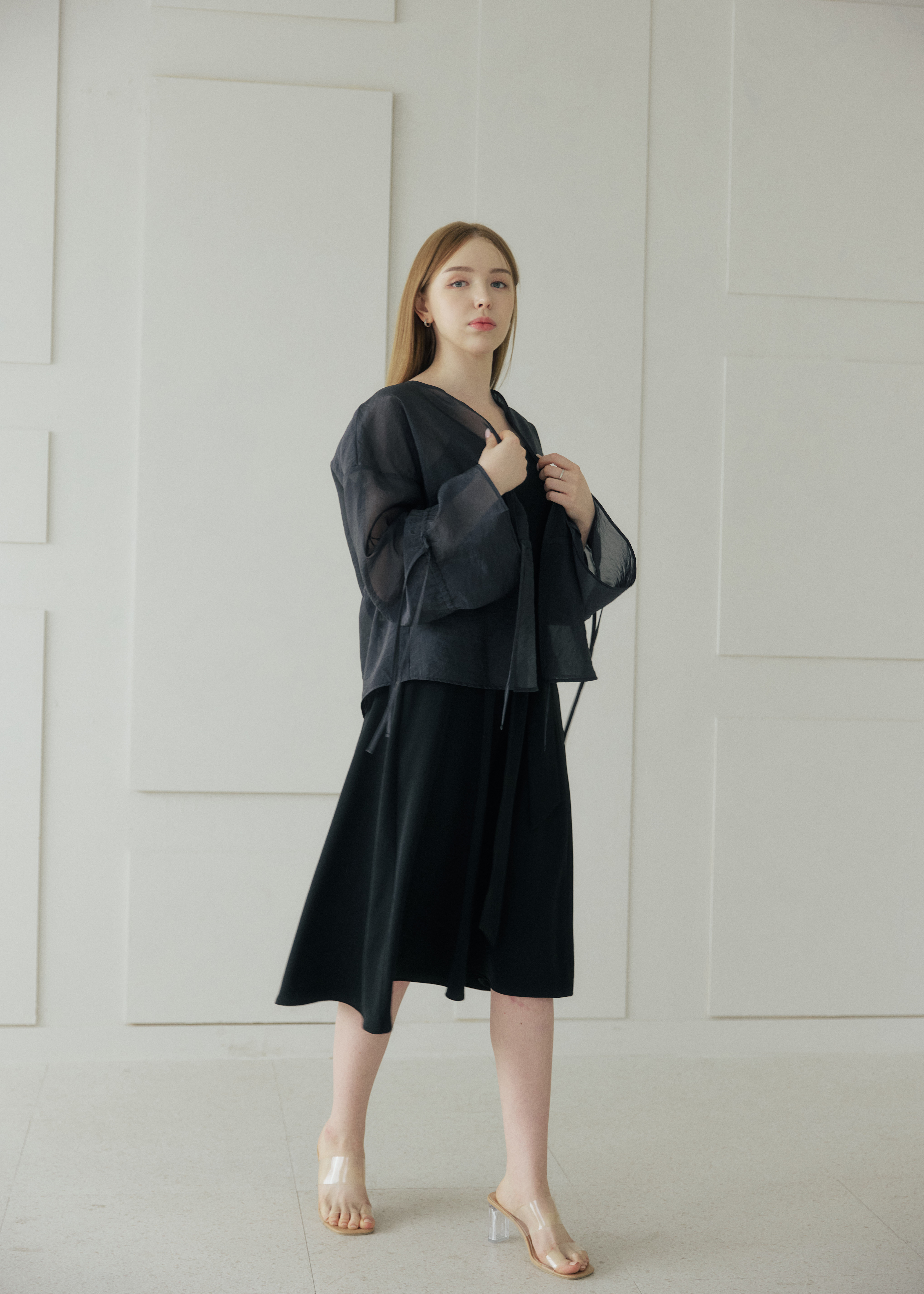 시어 오간자 드로우 스트링 가디건