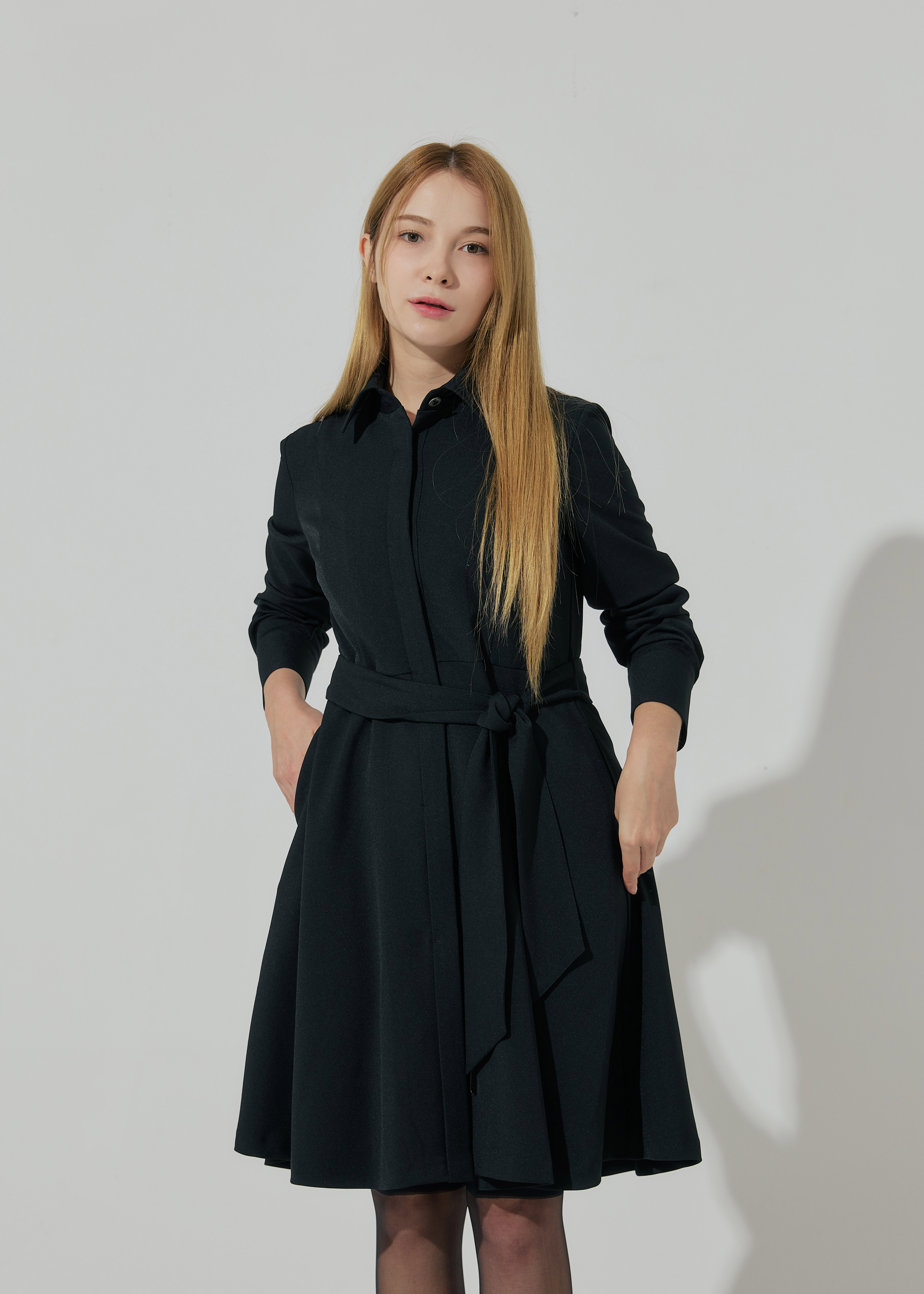 히든 버튼 벨트 셔츠드레스