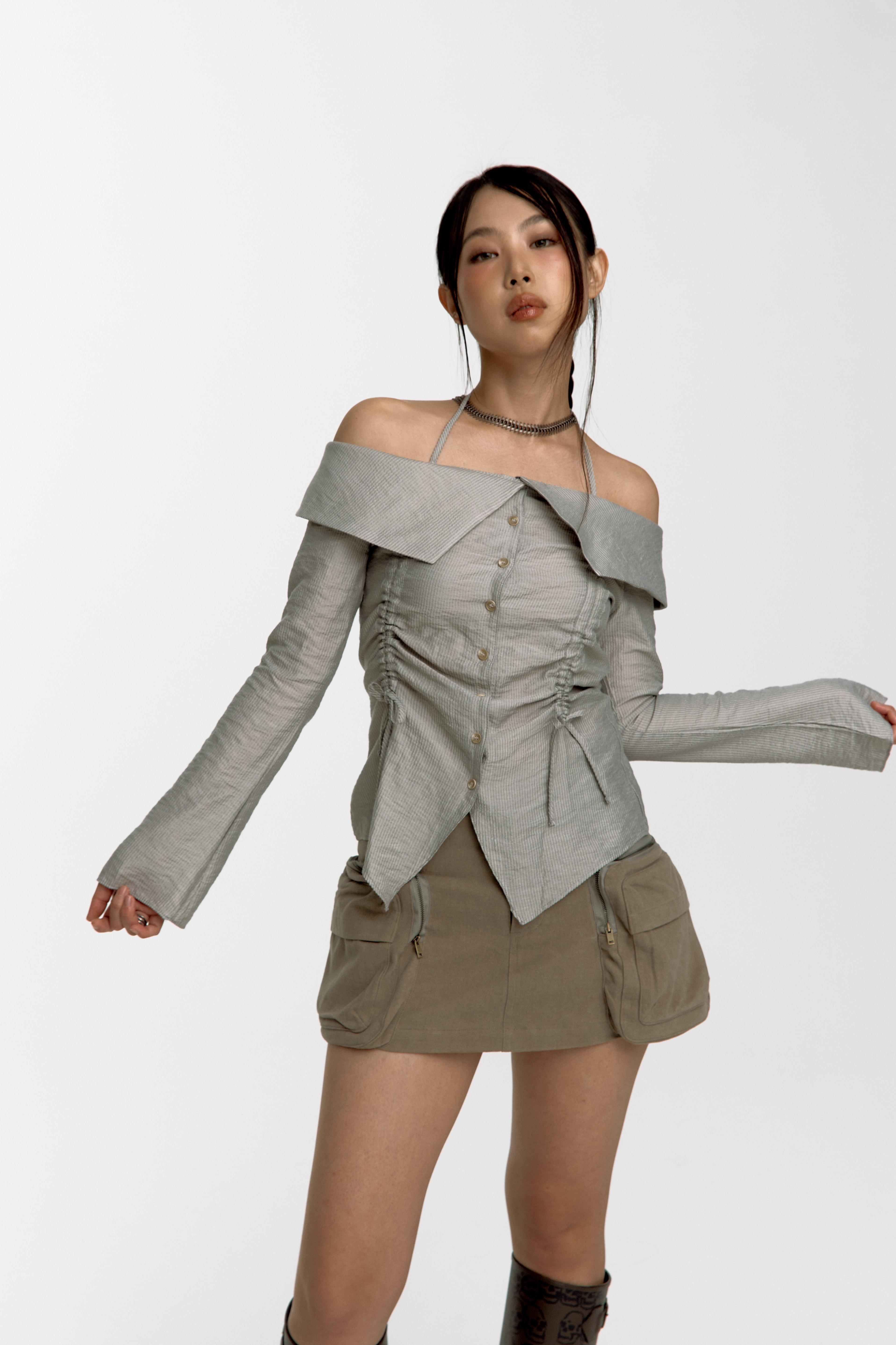 Fluffy Cargo Mini Skirt Pants Khaki