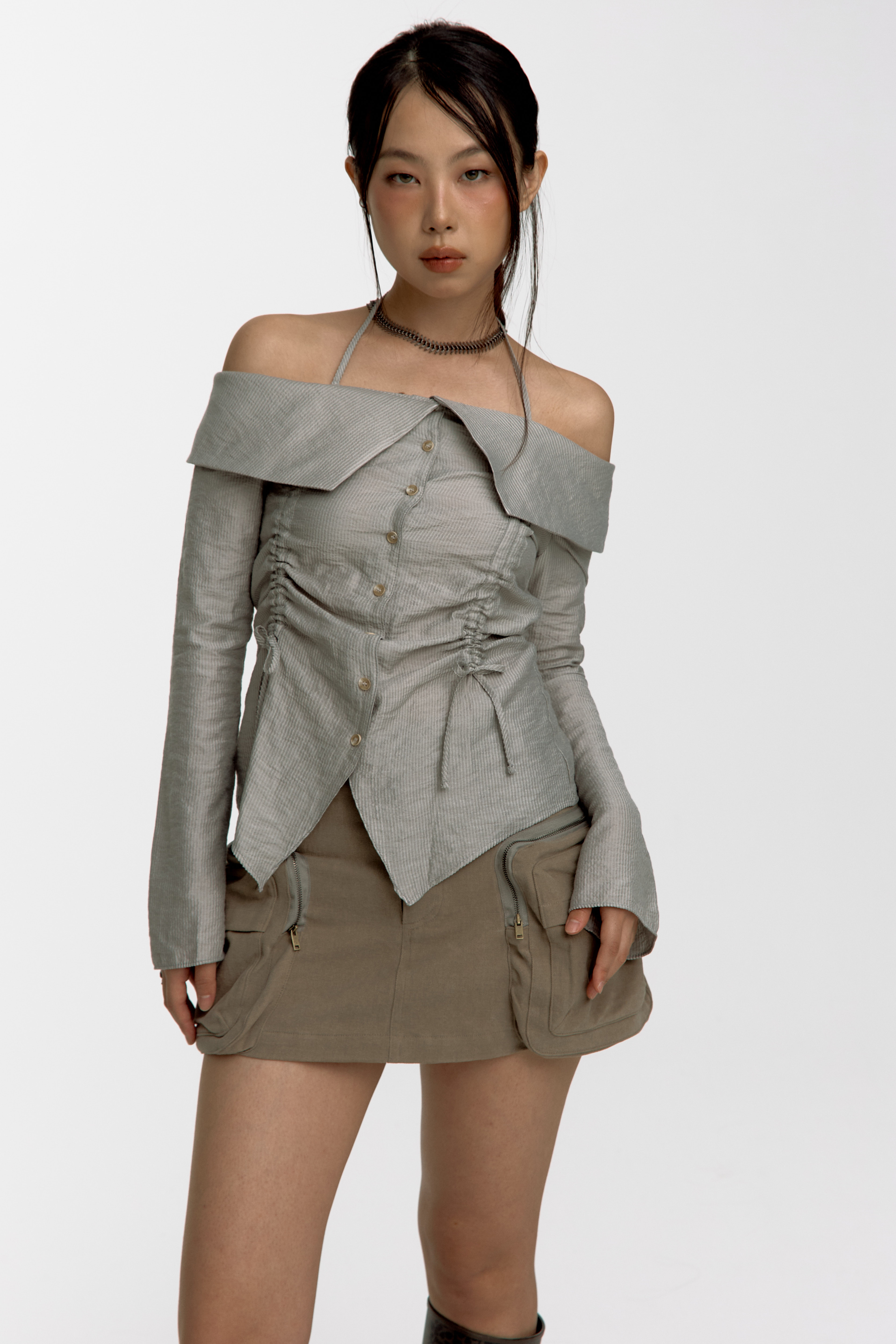 Fluffy Cargo Mini Skirt Pants Khaki