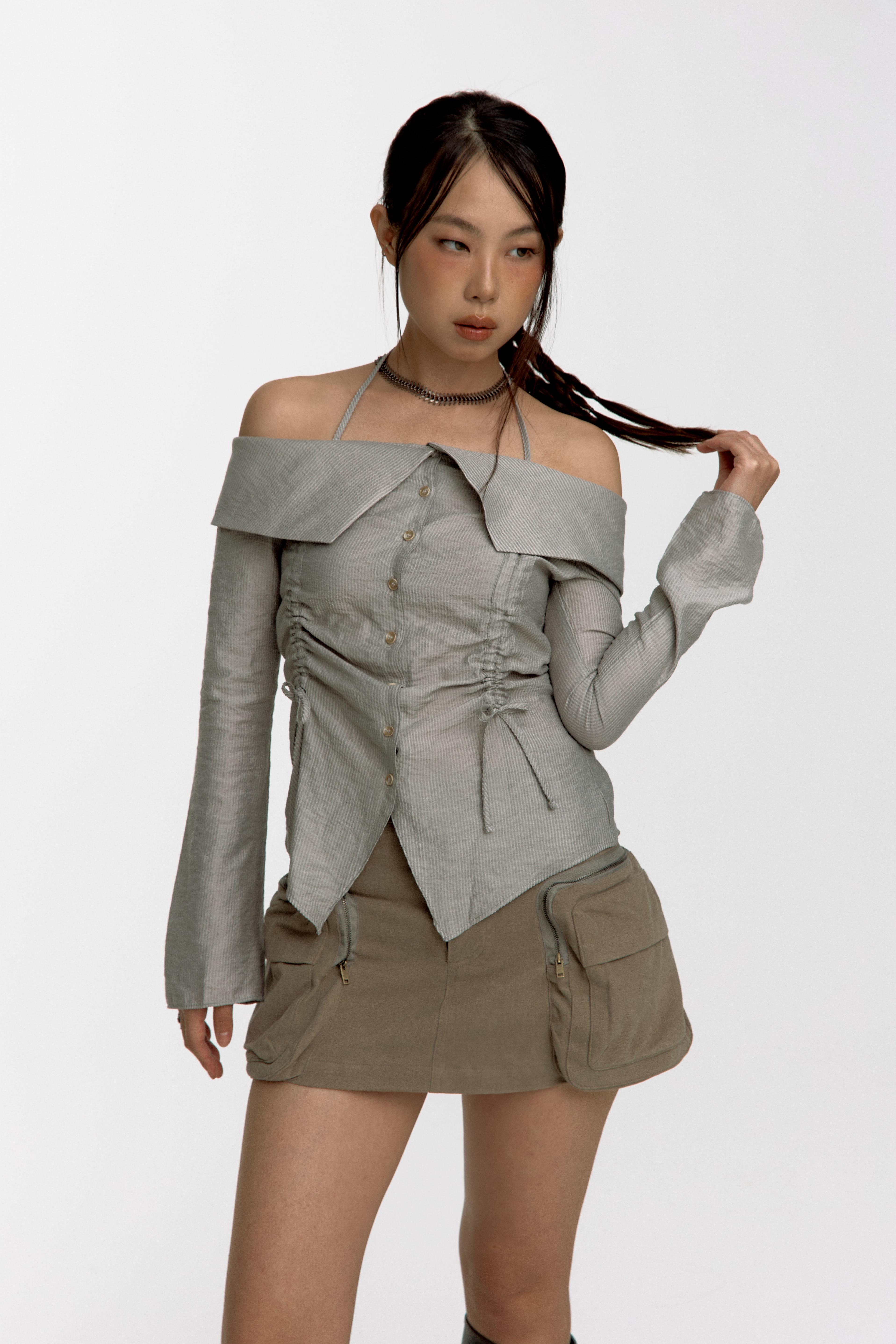 Fluffy Cargo Mini Skirt Pants Khaki