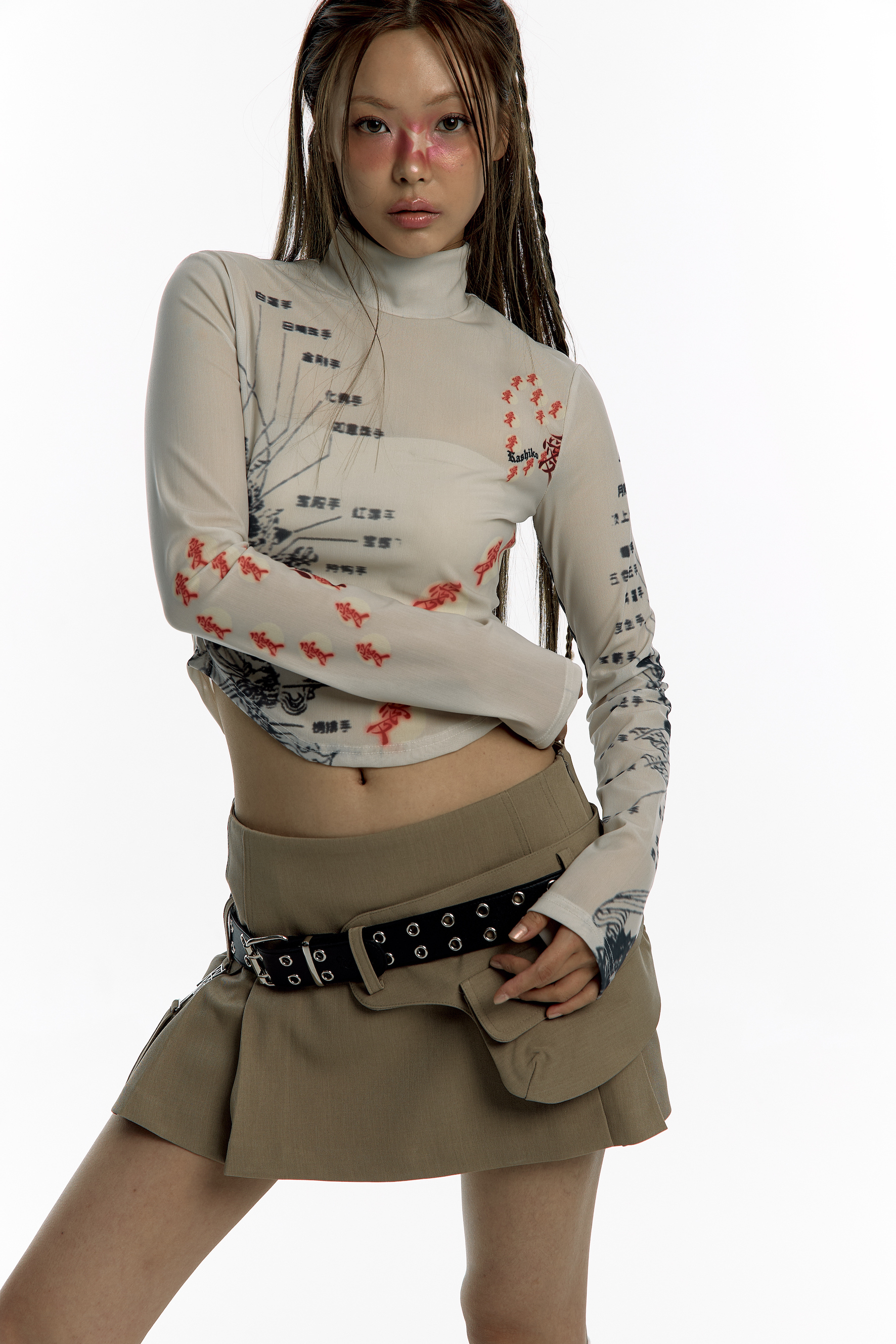 Pleats Pocket Belt Mini Skirt Beige