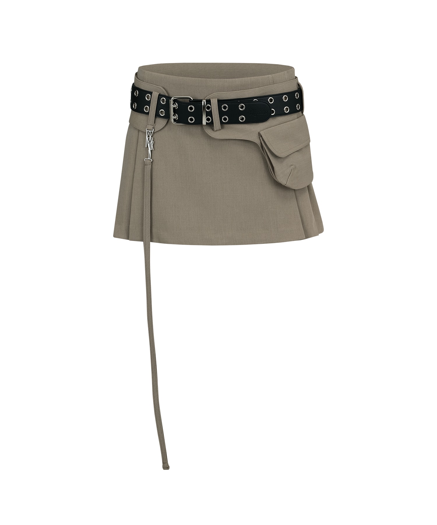 Pleats Pocket Belt Mini Skirt Beige