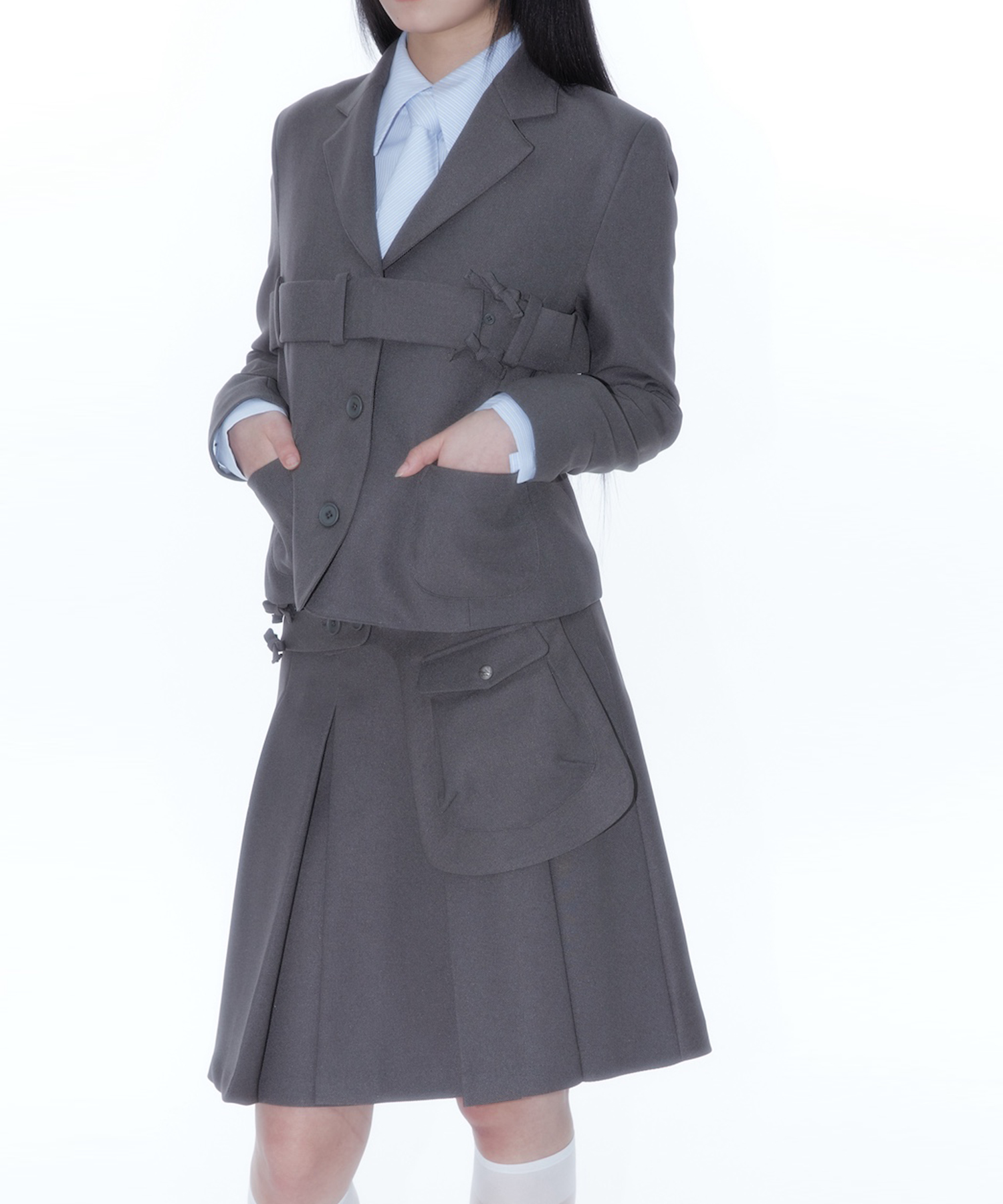 Ribbon Belted Preppy Jacket Charcoal
