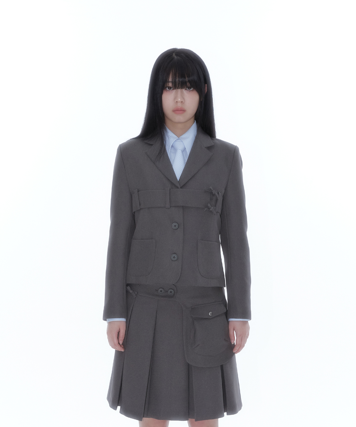 Ribbon Belted Preppy Jacket Charcoal